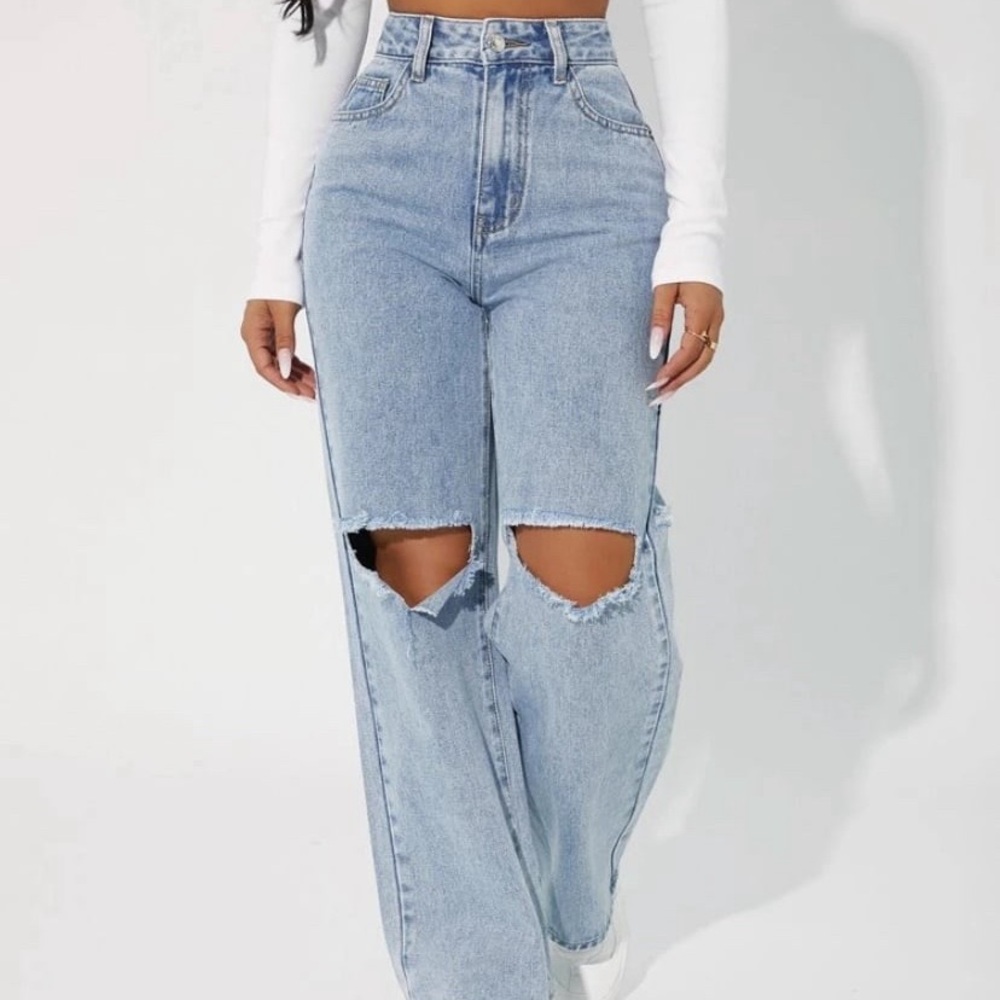 High-Waisted Distressed Light Blue Jeans